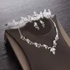 Bröllopsmycken sätter lyxiga kubiska zirkonblad brud set diadem tiras krona halsband örhängen bijoux