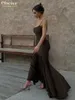 Casual jurken Clacive sexy slanke bruine gebreide jurk zomerriem mouwloze enkellengte elegant backless feest voor vrouwen 2024