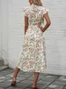 Robes décontractées de base Fashion Elegant Floral Print Robes For Summer Womens Robe Skinny O Neck Short Flying Slves Robe Split Robe Split Robe Y240515