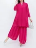 Kvinnors tvåbitar byxor Miyake Fold 2024 Summer Solid Color Suit Fashion Temperament Loose Top Casual Wide Ben Two-Piece Set