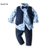 Kläder set topp och mode baby pojke gentleman set långärmad bowtie romper skjorta västbyxor 3 st.