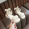 Summer Sandals for Girls Versatile Dancing Shoes PU Leather Soft Non-slip Casual Beading Wedge Shoe for Princess H01071 240518