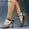 Wuxijiao dans strass latin 212 kvinnor mjuka botten salsa skor för dansande damer sandaler kvinnliga bröllopshög klackar 7.5c 240125 s ss s 537