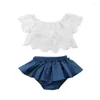 Kläderuppsättningar 0-36 Månters babyflickor outfit Ruffled off-shoulder ihåliga ut spetsar denim tutu kjol shorts sommarkläder