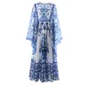 Robes décontractées Qian Han Zi Designer Fashion Rison Summer Summer Long Robe Fomen Bat Sleeve Blue and White Porcelain Printing vocati5520459