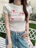 女性のTシャツアメリカンレトロレタープリントTシャツ居心地の良い女性クラシックオネッククロップトップトップメス半袖Tシャツ弓シンプル夏夏