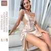 Seksi Split Strap Elbise Simüle İpek Nightwear Kadın Yaz Evi Açık Sırt Strap Nightwear