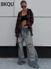 Pantalon féminin Bkqu Ripped Straight Jeans Femmes High Waist Punk Hip Hop Ligne large Denim Trou Y2K Baggy Street Retro Beggar 2024