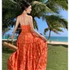 2024 Summer Women Fashion Orange Print Hollow Out Backless Bandage Halter Dress Elegant Evening Party Fairy Dresses Bohemian New