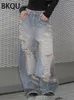 Pantalon féminin Bkqu Ripped Straight Jeans Femmes High Waist Punk Hip Hop Ligne large Denim Trou Y2K Baggy Street Retro Beggar 2024
