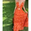 2024 Summer Women Fashion Orange Print Hollow Out Backless Bandage Halter Dress Elegant Evening Party Fairy Dresses Bohemian New
