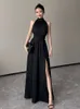 Black Sexy Club Pleated Halter Split Women 2024 Fashion Sleeveless Summer Lace Up High Waist Birthday Evening Party Dress