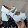 Real 2024 Lady Patent Leather Ladies Dress Shoes 8.5cm Chinky High Heel Platform Sandals Square Toes Marry Jane One-Line Buckle Wedding Party H 9DC6