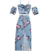Work Dresses Summer Women Sexy Internet Celebrity Sweet And Spicy Floral Suit Skirt Knotted Short Sling High Waist Slit Mid