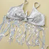 Menas de banho feminina Silver Tassel Bikini Snake Print Y2K Fringe Swimsuit Women Sparkle Swimwhe