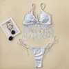Menas de banho feminina Silver Tassel Bikini Snake Print Y2K Fringe Swimsuit Women Sparkle Swimwhe