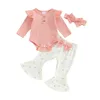 Ensembles de vêtements 3pcs bébé filles vêtements ensemble printemps infantile tenues couleur unie côtelé à manches longues barboteuse coeur pantalon évasé bandeau enfants costume