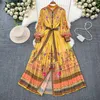 Elegante Gele Bloemen Maxi Cocktail Shirt Jurken Designer Vrouwen Vintage Print Knop Vest Beach Resort Jurken Lange Mouw Dames Casual Party Gewaden kleding