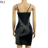 Abiti casual HLJ Nero Elegante Strass Abito da donna Party Mini Dimonds Guaina Spaghetti Strap Bodycon Abiti di compleanno Clubwear