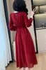 Robes décontractées Mode Printemps Vin Rouge Mousseline de soie Midi Robe Designer Femmes Lace Up Bow O Cou À Manches Longues Taille Élastique Bureau Dames Robes