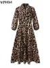Casual Dresses Elegant Dress Bohemian Women Leopard Print Vonda 2024 Long Lantern Sleeve Loose V Neck Party Robe Femme