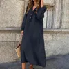 Casual Dresses Women Cotton Linen Dress Elegant V-neck Summer With Button Decoration Breathable Long Sleeve Loose For Any