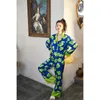 Ubranie domowe 2024 Green Rose High-end Ice Silk Silk długotropiewane piżamy Zestaw Dwuczęściowe letnia piżama kobiety