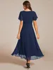 Party Dresses Elegant Evening Ruffles Sleeve Pleated V-Neck Midi 2024 Ever Pretty Of A-Line Navy Blue Chiffon Wedding Guest Dress