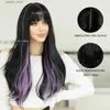 Synthetic Wigs 7JHH WIGS Long Wavy Dark Green Wig for Women Daily Cosplay Party Highlight Purple Synthetic Hair Wig with Bangs Heat Resistant Y240401