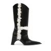Boots Women's nieuwe puntige onregelmatige dikke hielbontdecoratie gepersonaliseerde zwarte rechte buizen laarzen