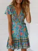 Vintage Chic Moda Kadın Hippi Çiçek Baskı V Yastık Bohemian Mini Elbise Bayanlar Kısa Kollu Yaz Plajı Sargı Boho Elbiseler 240313