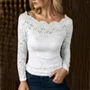 Kvinnors T -skjortor 2024 Spring Fashion Strapless One Neck Blus Elegant Lace Patchwork Hollow Long Sleeve Pendder Shirt Top