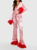 Pyjama en Satin pour femmes, vêtements de maison avec plumes roses, ensemble de vêtements de détente, imprimé cœur, manchette en plumes, manches longues, hauts et pantalons, vêtements de nuit
