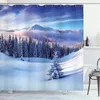 Dusch gardiner vinterskog snötäckta tall alpina toppar idylliska tidigt på morgonen landskap säsong jul älg badrum dekor