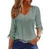 Damesblouses Dames Lente Top Kant Effen Kleur Uitgehold V-hals Lange mouw Knop Decor Casual losse dame Herfst T-shirt