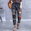 Jeans pour femmes grande taille taille haute harlan pantalon broderie style ethnique denim pantalon rétro élastique indie folk neuf points femmes lâche