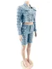 Damen-Trainingsanzüge 5 Großhandel Sommer-Denim-Outfits Frauen zerrissene zweiteilige Sets Langarm-Jacke kurze Hosen Massenartikel Kleidung 10761