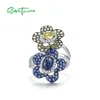 Кольца кластера SANTUZZA, серебро для женщин, стерлингового серебра 925 пробы, сверкающие синие, зеленые камни, двойной цветок, стильные специальные модные ювелирные украшения