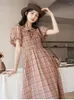 Casual Dresses Summer Cotton 2024 Square Collar Long Dress Necklace Tie Personality Puff Sleeve Streetwear Holiday Style Elastic Waist