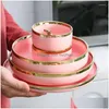Płyty naczyń różowe ze złotym ceramicznym zestawem ceramicznym w stylu nordyckim serwowanie na kolację luksusowy porcelanowy zastawa obiadowa Dostawa do domu g dho9v