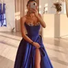2024 Royal Blue A-Line Prom Formal Dress Axless Crystals Leg Slit Satin Women Evening Birthday Party Gowns Robe de Soiree