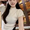 女性用Tシャツネプロー韓国のシンプルなハーフハイカラーTシャツy2kスリムフィット不規則なブルサムジャー夏の半袖ニットトップ女性