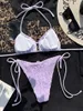 Kvinnors badkläder sommarkvinnor 2 stycken baddräkt sexig grimma rygglös bikini set lila ribbad push up thong bather bathing kostymer biquini