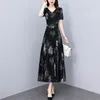 Parti Elbiseleri Kadın Uzun Elbise Yaz 2024 Ofis Lady Style Style Chiffon Kısa Kollu Çiçek Baskı Yüksek Bel V ​​yaka Siyah