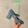 Pompes 2022 Retro Denim Chaussures Ladies Chunky High Heels Mary Jean Tissu Cissu Perle Chain Pumps Woman Patchwork Office Dress Bombas Mujer
