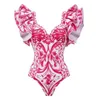 Maillots de bain pour femmes Une pièce d'ourlet plissé + maillot de bain pour femme 2024 été push ups Monokini Biqunis imprimé floral costume de plage maillot de bain J240330