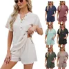 Accueil Vêtements Femmes 2Pcs Carreaux Tricot Solide Tenue Bouton Col En V Haut Et Short Ensemble Loungewear