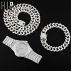 Ketting Horlogearmband Hip Hop Miami Curb Cubaanse ketting Zilver Kleur Volledig Iced Out Verharde Steentjes CZ Bling Voor Mannen Sieraden 240323
