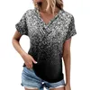 T-shirt manches courtes col en v pour femme, haut court et surdimensionné, imprimé à la mode, avec boutons plissés, vente de vêtements