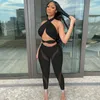 Women's Two Piece Pants Sexy Sheer Mesh Patchwork Set Women Halter Cross Backless Top And Leggings Party Club Summer Outfits Wholesale Items